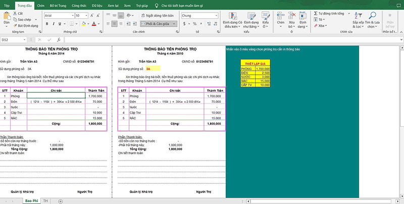 Template tính tiền trọ đơn giản, dễ dàng theo dõi hàng tháng