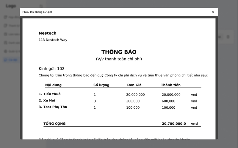 Hoá đơn thanh toán được gửi trực tiếp qua Zalo và email khách hàng