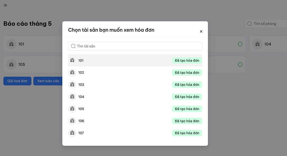 Chọn phòng muốn xem lại hoá đơn đã tạo