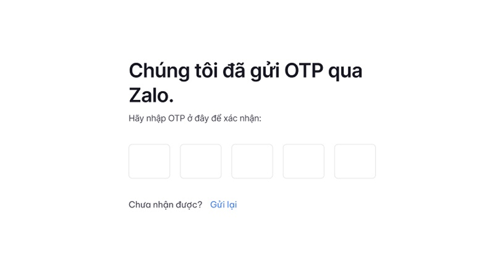 Nhập mã OTP gồm 5 số được gửi qua Zalo của bạn