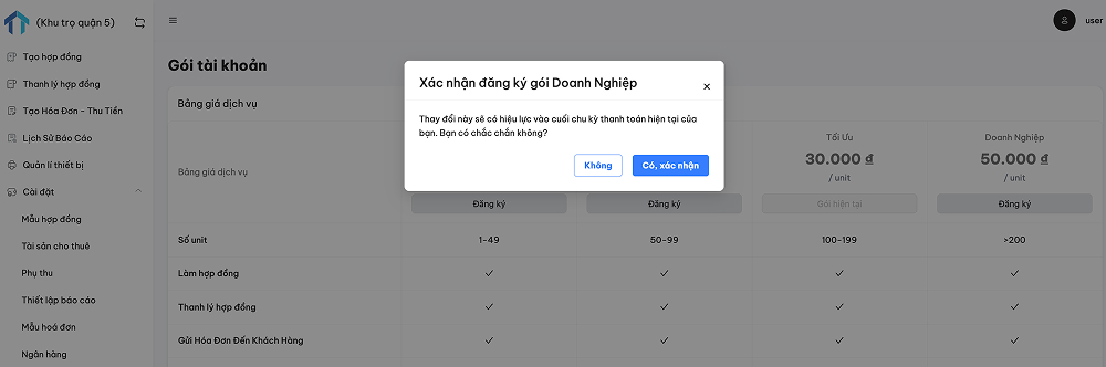 Xác nhận nâng cấp gói tài khoản