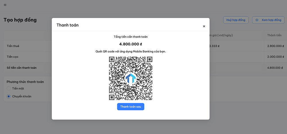 Mã QR code với số tiền cần thanh toán