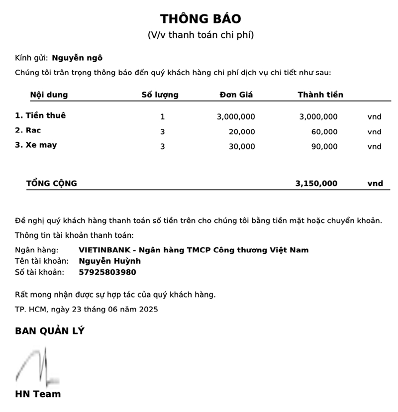 Mẫu hoá đơn được gửi đến khách thuê