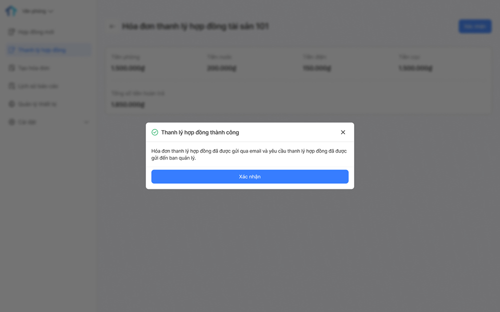 Hệ thống sẽ tự động gửi hoá đơn thanh lý hợp đồng đến email người thuê