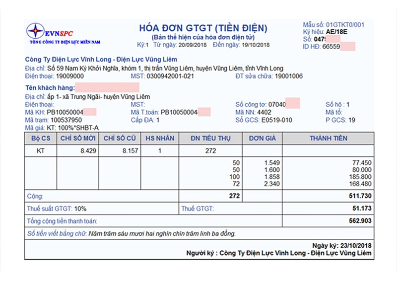 Mẫu hoá đơn tiền điện mỗi tháng