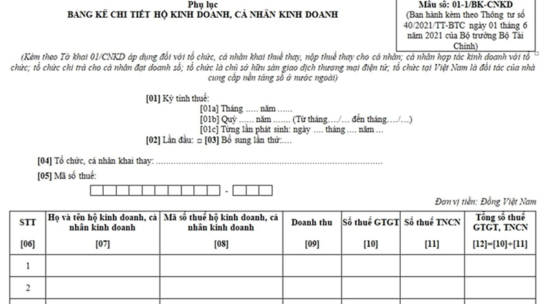 Mẫu khai thuế chi tiết cho cá nhân và hộ kinh doanh
