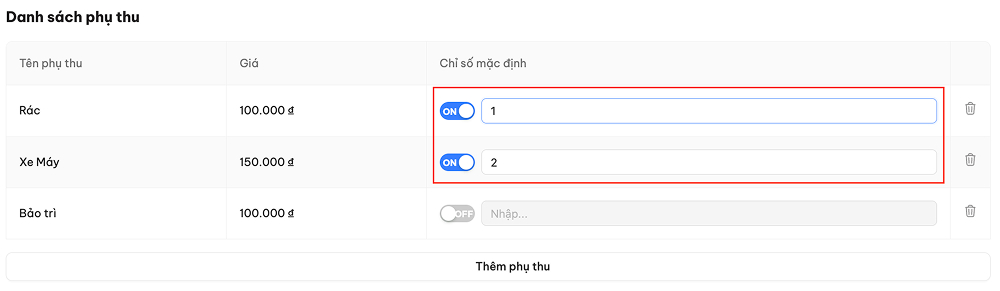 Cài đặt số tăng mặc định cho phụ thu
