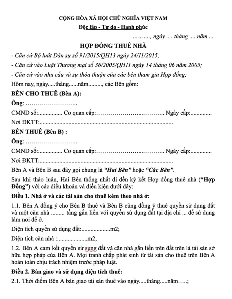 Hợp đồng cho thuê nhà mẫu mới nhất, chuẩn pháp lý