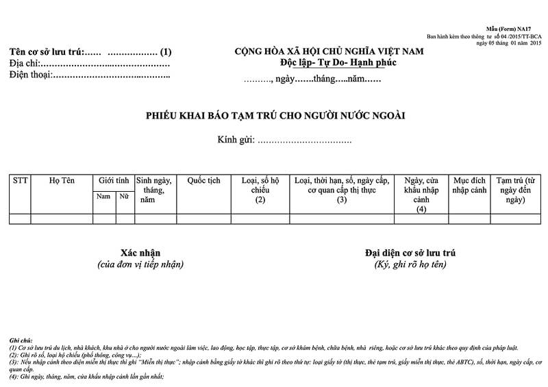 Mẫu khai báo tạm trú cho người nước ngoài