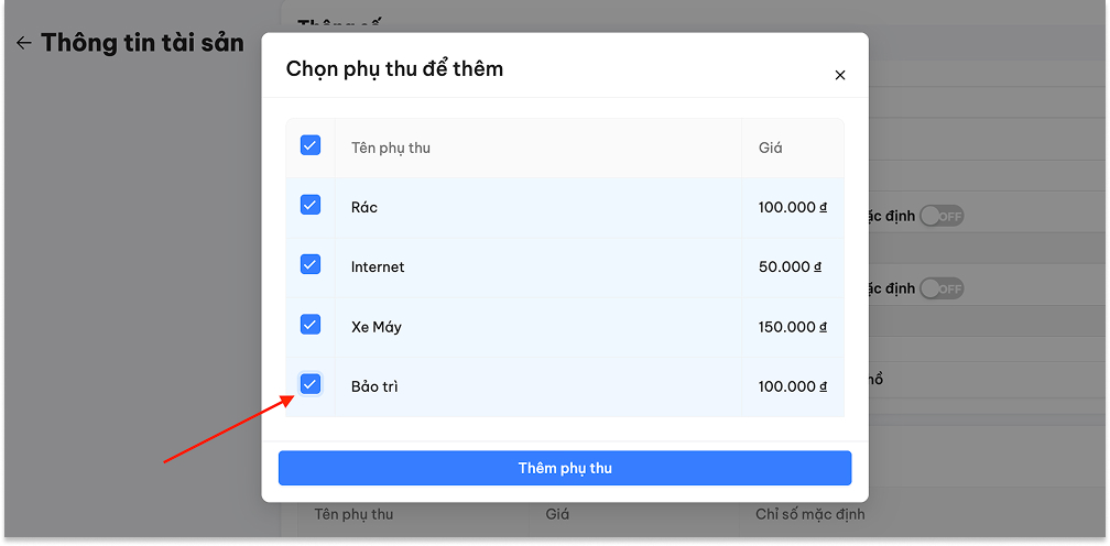 Tick vào khoản phụ thu muốn thêm cho tài sản