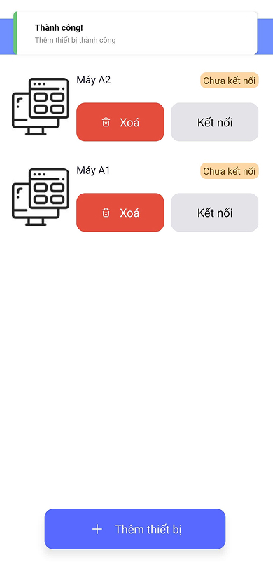 Thông báo thiết bị Máy A2 được thêm thành công