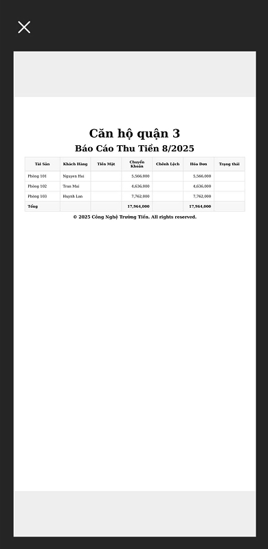 Báo cáo thu tiền chi tiết