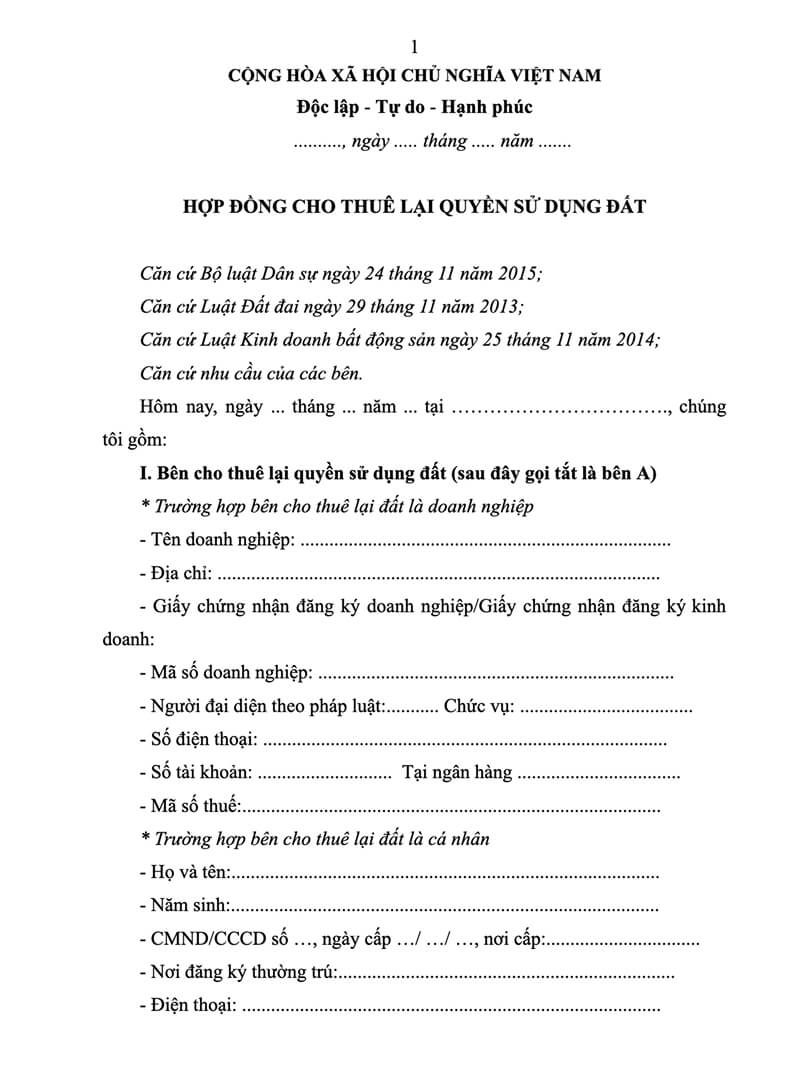 Mẫu hợp đồng cho thuê lại nhà, bất động sản chuẩn pháp lý