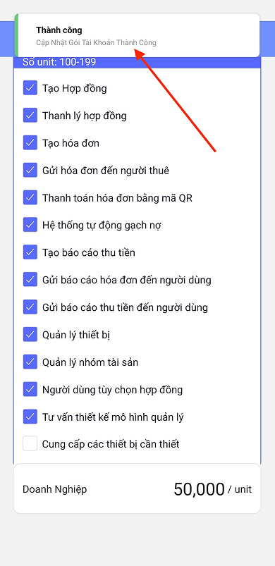Xác nhận đăng ký nâng cấp gói thành công