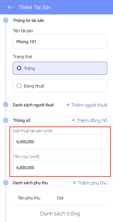 Điền giá thuê tài sản và tiền cọc