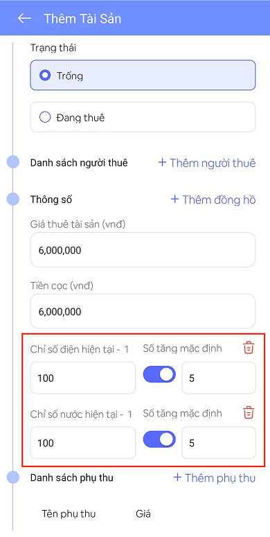 Cài đặt chỉ số mặc định