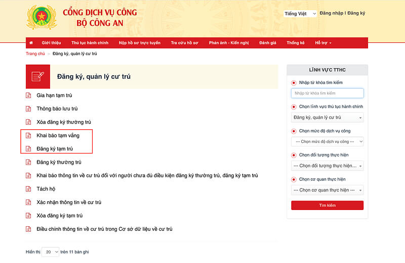 Chọn thủ tục mà bạn muốn thực hiện