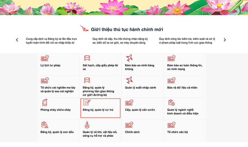Chọn khung “Đăng ký, quản lý cư trú’