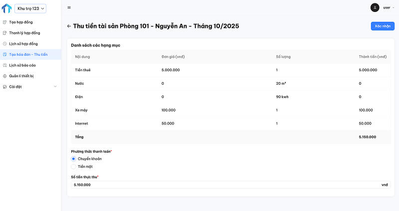 Giao diện hoá đơn trên phần mềm Quản Lý Tài Sản Giao diện hoá đơn trên phần mềm Quản Lý Tài Sản