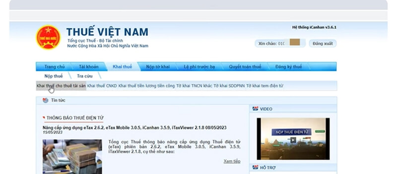 Chọn tác vụ “Khai thuế cho thuê tài sản”