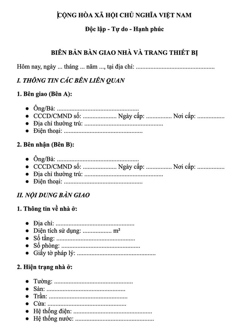 Mẫu biên bản bàn giao nhà cho thuê đầy đủ, mới nhất hiện nay