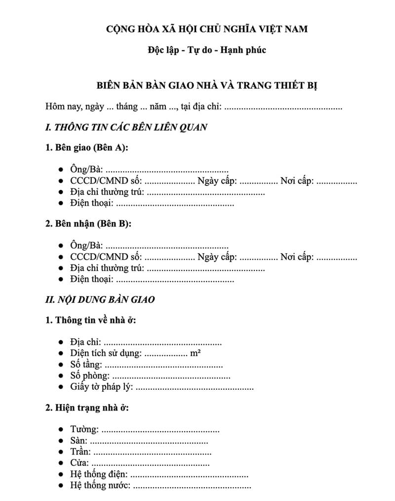 Mẫu biên bản bàn giao tài sản nhà cho thuê với đầy đủ nội dung