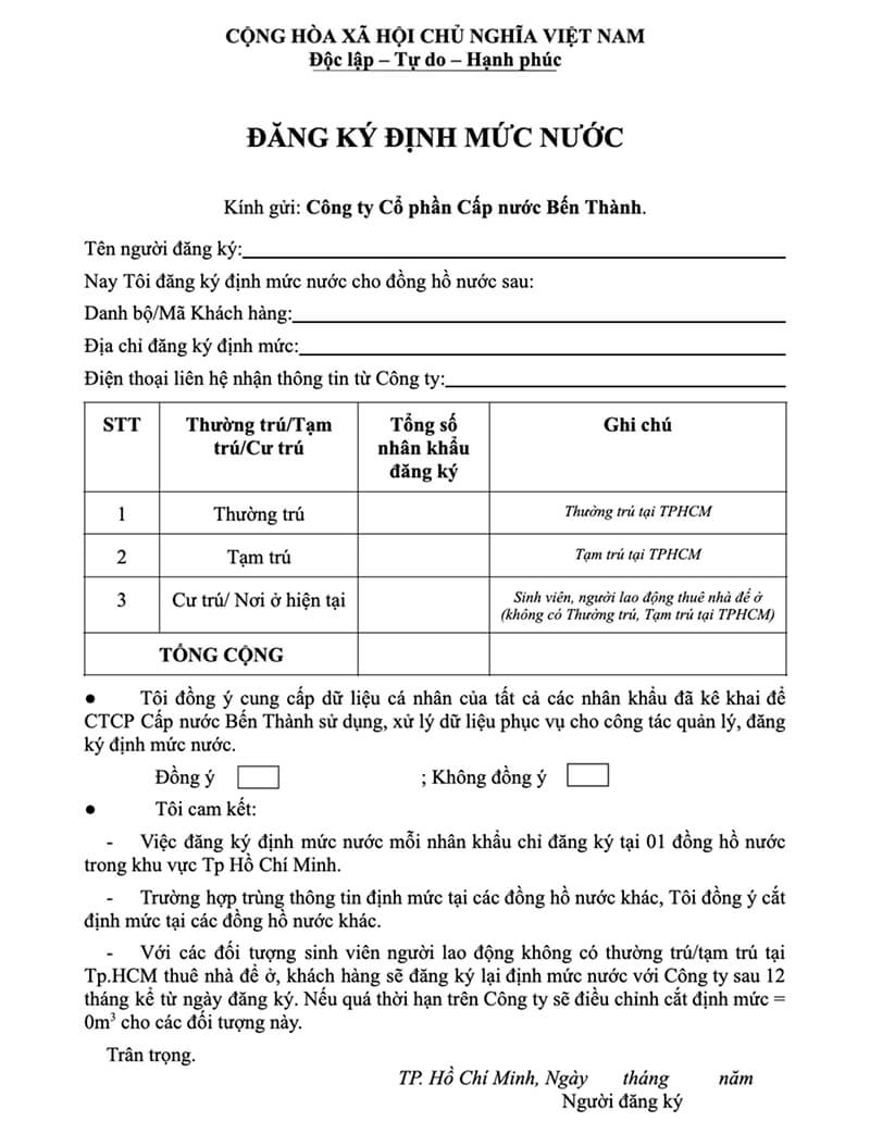 Mẫu tờ đơn xin định mức nước nhà trọ