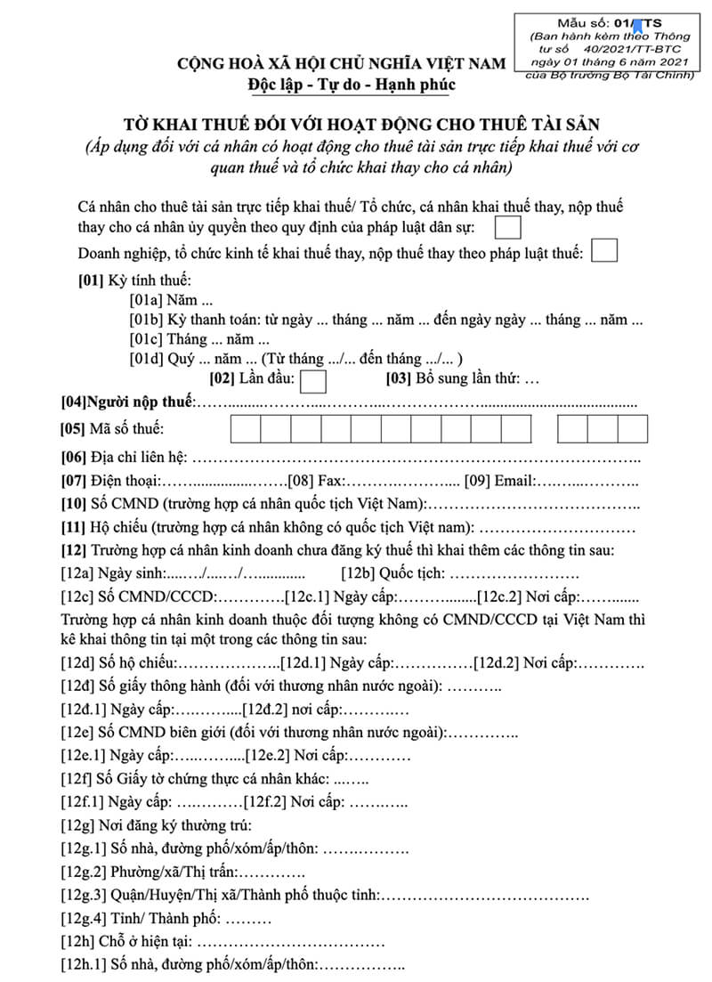 Mẫu tờ khai thuế cho thuê nhà số 01/TTS theo quy định hiện hành
