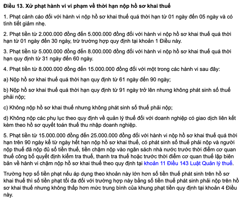 Điều 13 tại Nghị định 125/2020/NĐ-CP về các mức phạt chậm kê khai thuế cho thuê nhà