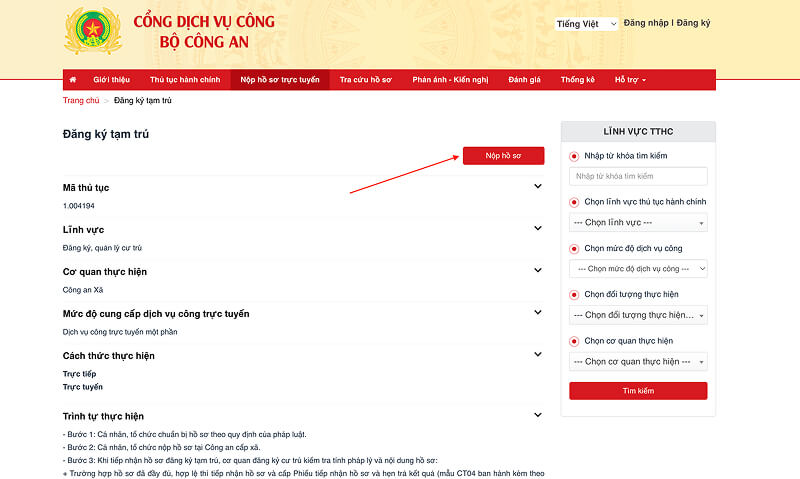 Chọn “Nộp hồ sơ”