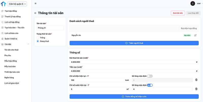 Thiết lập chỉ số điện nước trên phần mềm Quản Lý Tài Sản