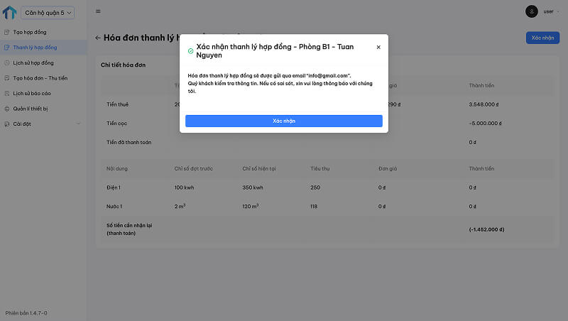 Tính năng thanh lý tài sản cho thuê và gửi đến trực tiếp đến email người thuê