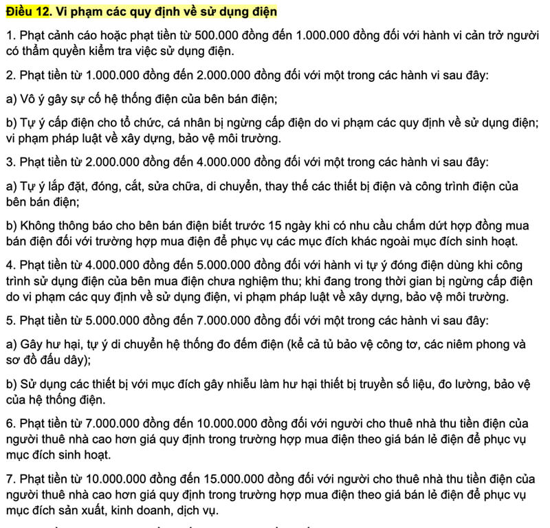 Quy định về mức xử phạt khi thu tiền điện cao hơn quy định
