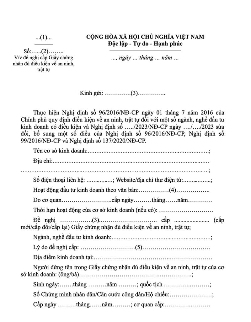 Mẫu giấy đề nghị chứng nhận đủ điều kiện về An ninh, trật tự (ANTT)