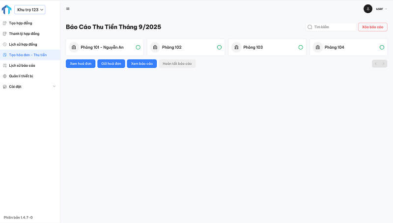 Giao diện báo cáo thu tiền theo tháng trên phần mềm Quản Lý Tài Sản