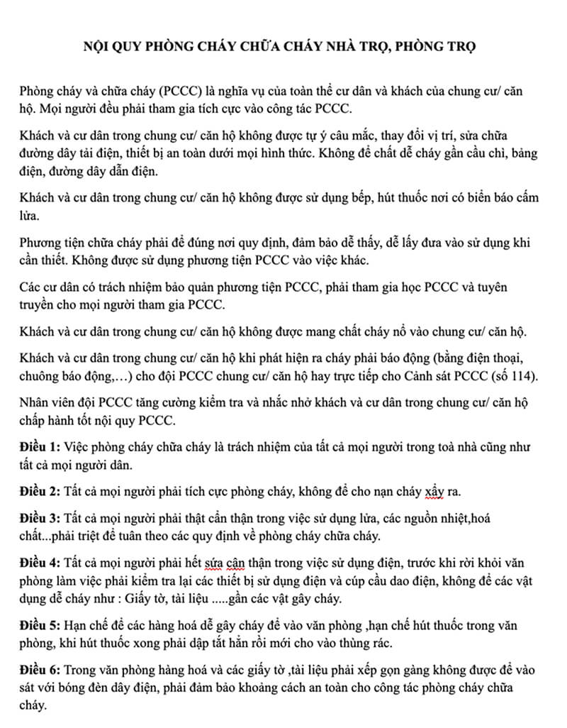 Mẫu nội quy PCCC tại nhà trọ