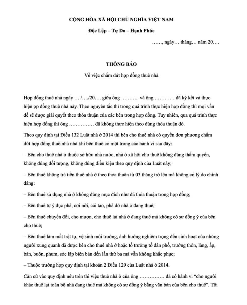 Mẫu thông báo thu hồi lại nhà cho thuê đầy đủ thông tin