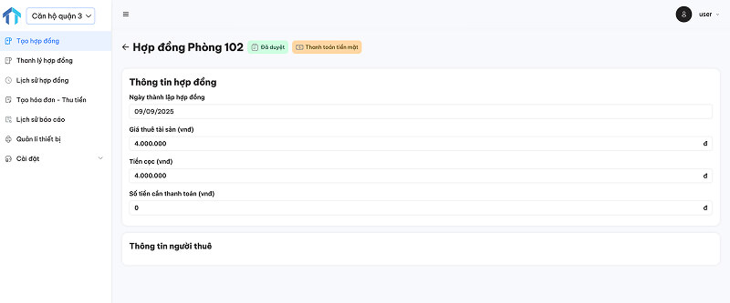 Giao diện quản lý hợp đồng của Quản Lý Tài Sản