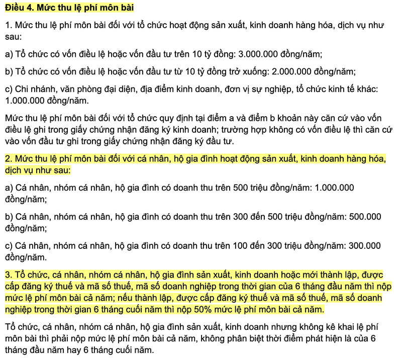 Quy định mức đóng lệ phí môn bài