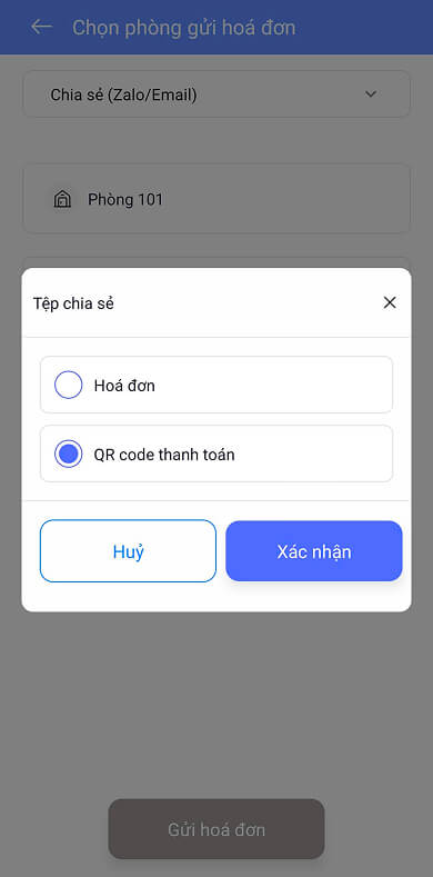 Gửi hoá đơn & QR code đến người thuê Gửi hoá đơn & QR code đến người thuê