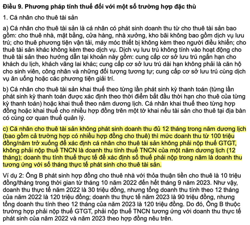 Quy định phương pháp tính thuế cá nhân cho thuê tài sản